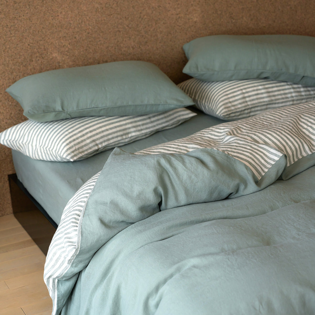 French Flax Linen Reversible Quilt Cover in Sage/Sage Stripe