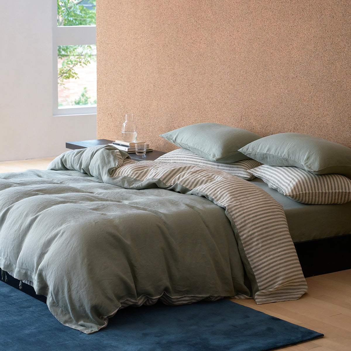 French Flax Linen Reversible Quilt Cover in Sage/Sage Stripe