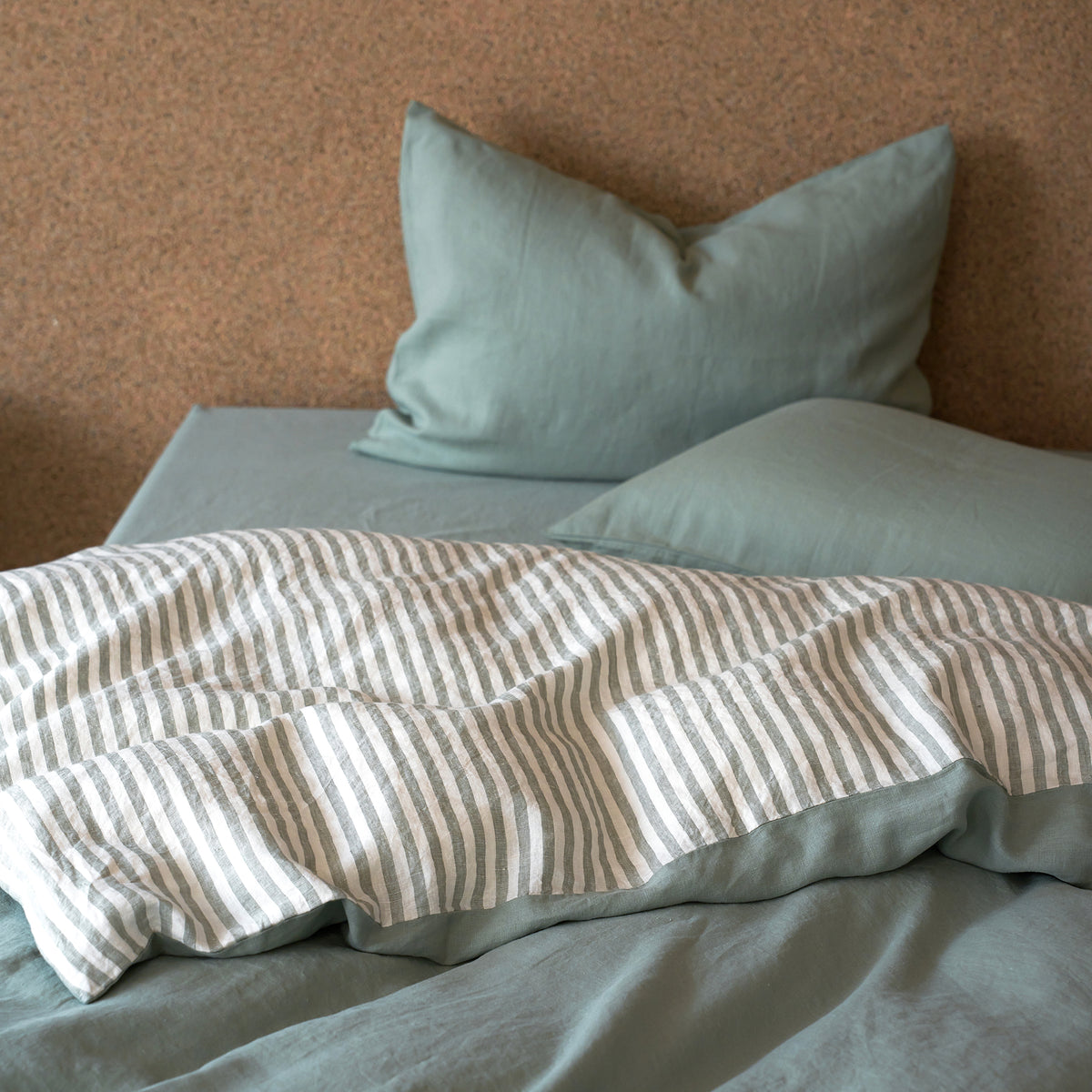 French Flax Linen Reversible Quilt Cover in Sage/Sage Stripe