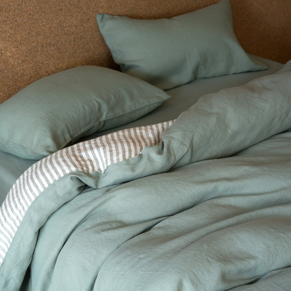 French Flax Linen Reversible Quilt Cover in Sage/Sage Stripe