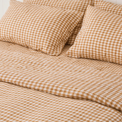French Flax Linen Sheets in Sandalwood Gingham