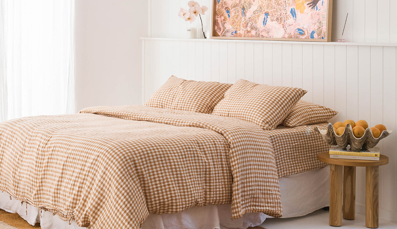 Discover the Sandalwood Gingham Lookbook and create an inviting muted caramel space
