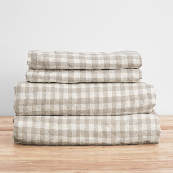 French Flax Linen Sheet Set in Beige Gingham