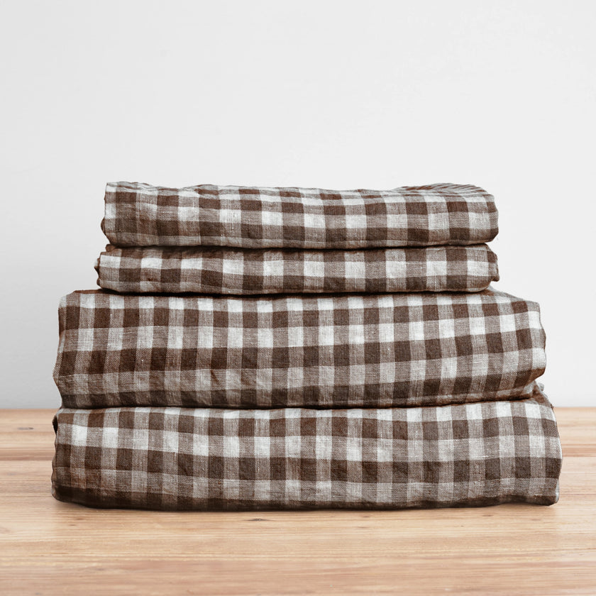 French Flax Linen Sheet Set in Chocolate Gingham