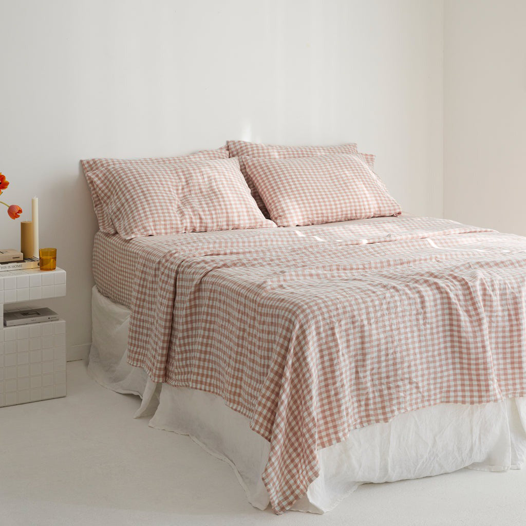 French Flax Linen Flat Sheet in Clay Gingham