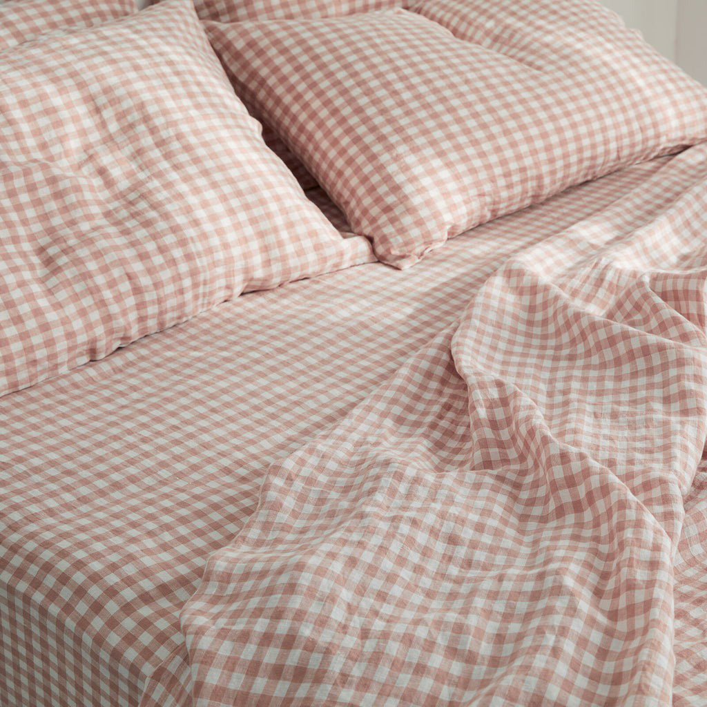 French Flax Linen Fitted Sheet in Clay Gingham