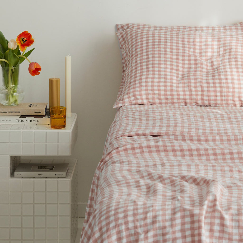 French Flax Linen Flat Sheet in Clay Gingham