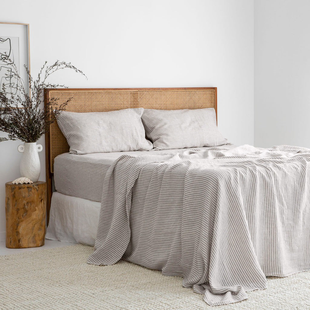 French Flax Linen Fitted Sheet in Grey Stripe