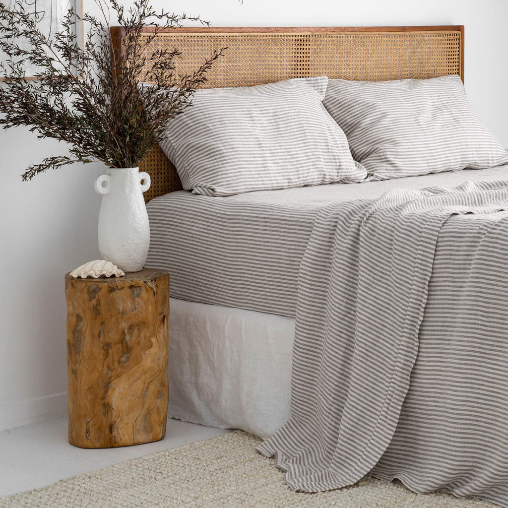 French Flax Linen Fitted Sheet in Grey Stripe