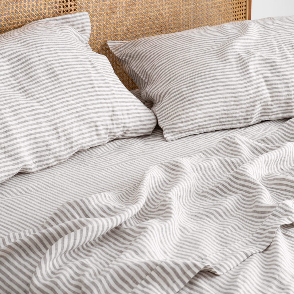 French Flax Linen Fitted Sheet in Grey Stripe