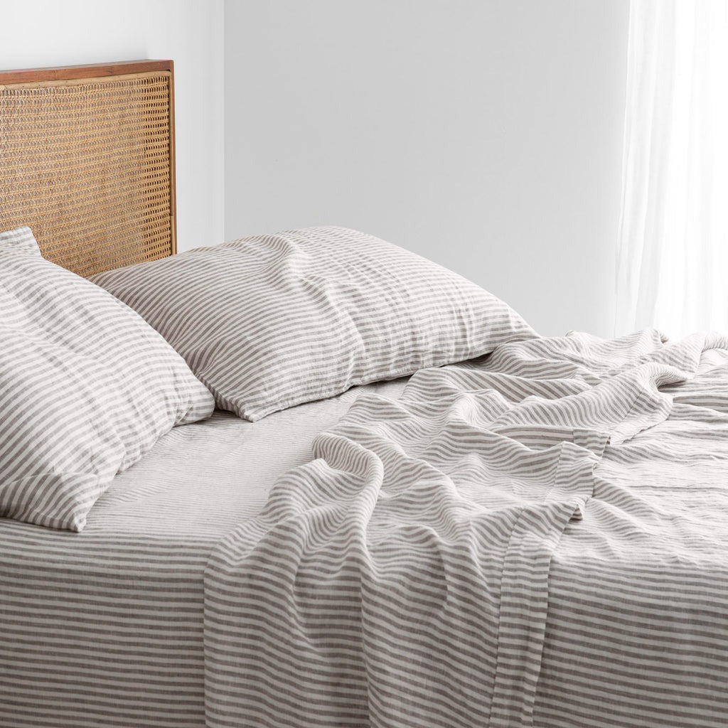 French Flax Linen Fitted Sheet in Grey Stripe