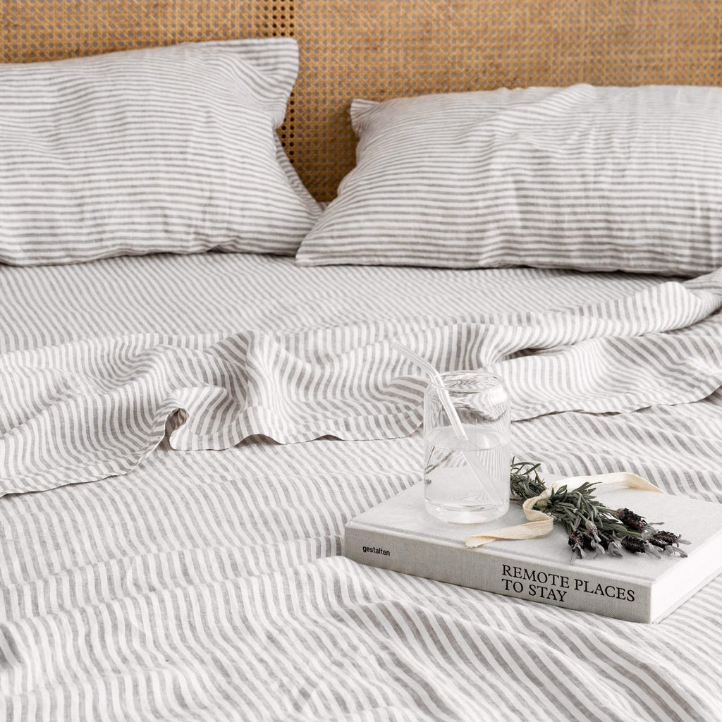 French Flax Linen Sheet Set in Grey Stripe