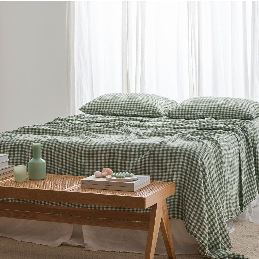 French Flax Linen Flat Sheet in Ivy Gingham