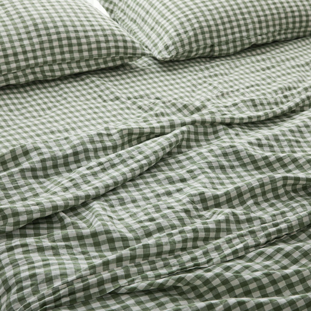 French Flax Linen Flat Sheet in Ivy Gingham