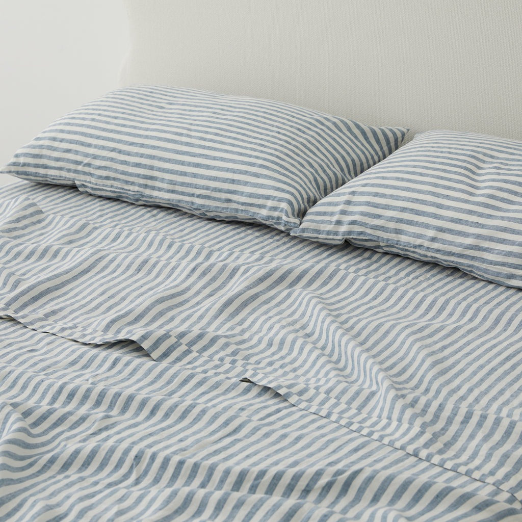 French Flax Linen Sheet Set in Marine Blue Stripe
