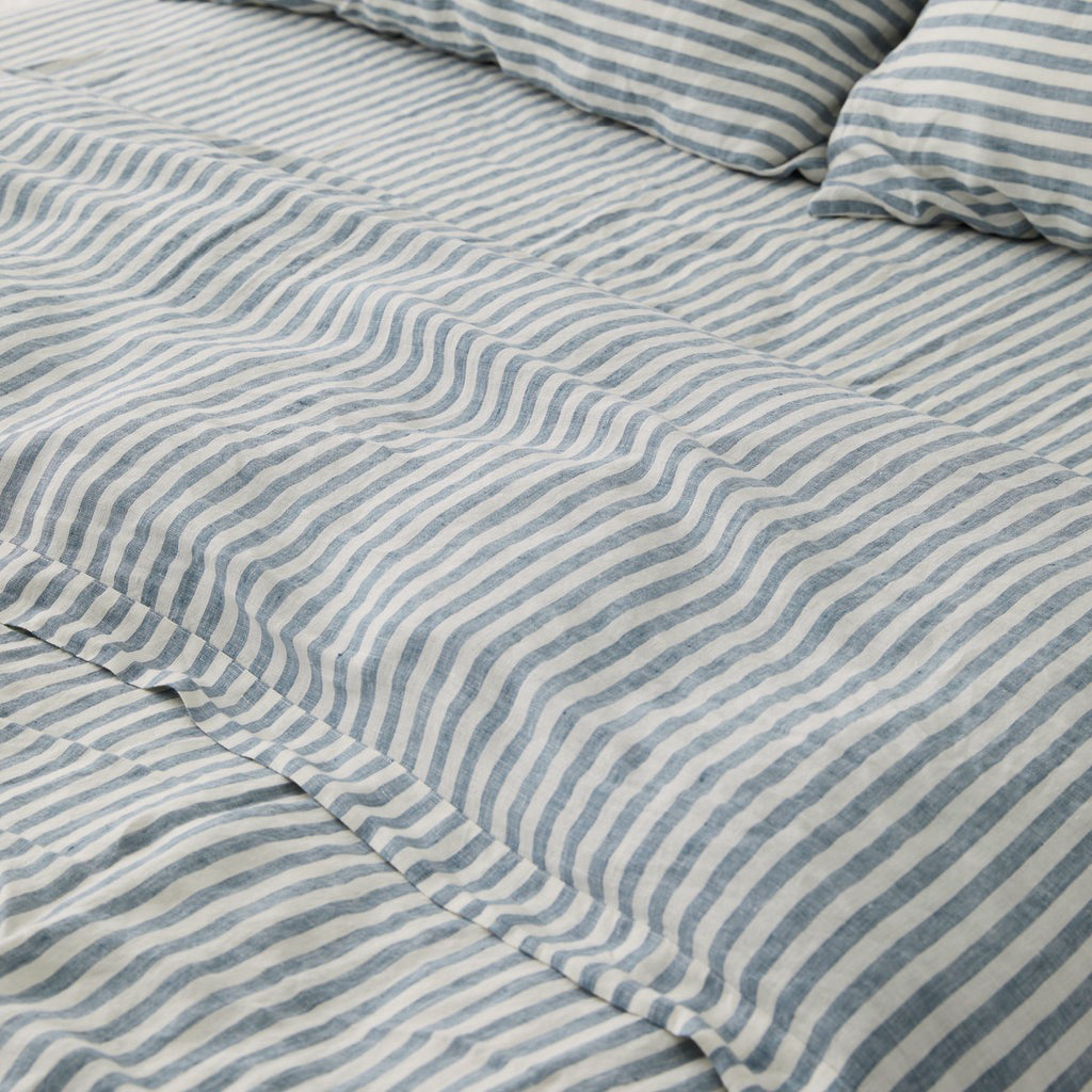 French Flax Linen Sheet Set in Marine Blue Stripe