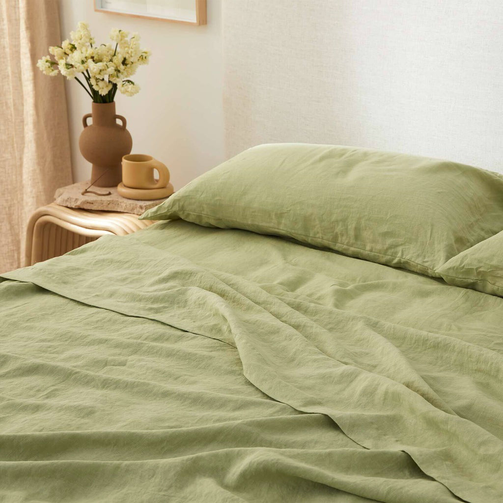 French Flax Linen Fitted Sheet in Matcha
