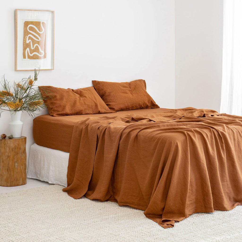 French Flax Linen Fitted Sheet in Ochre