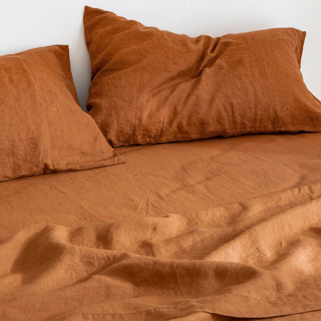 French Flax Linen Fitted Sheet in Ochre