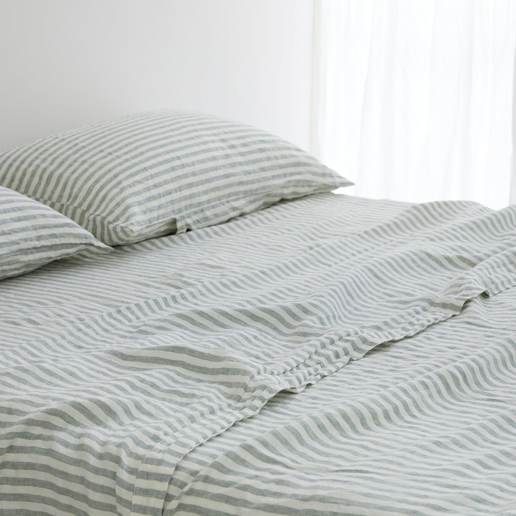 French Flax Linen Sheet Set in Sage Stripe