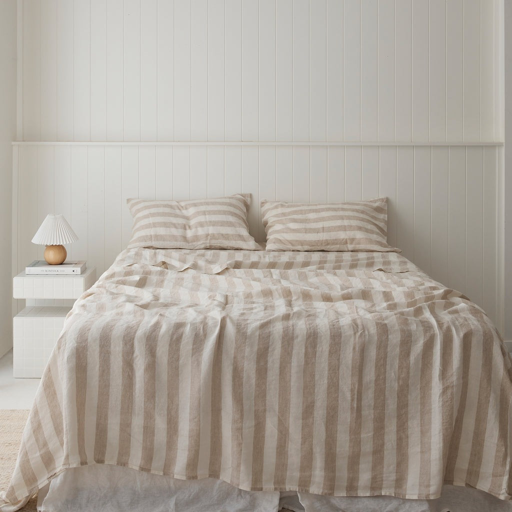 French Flax Linen Flat Sheet in Natural Thick Stripe