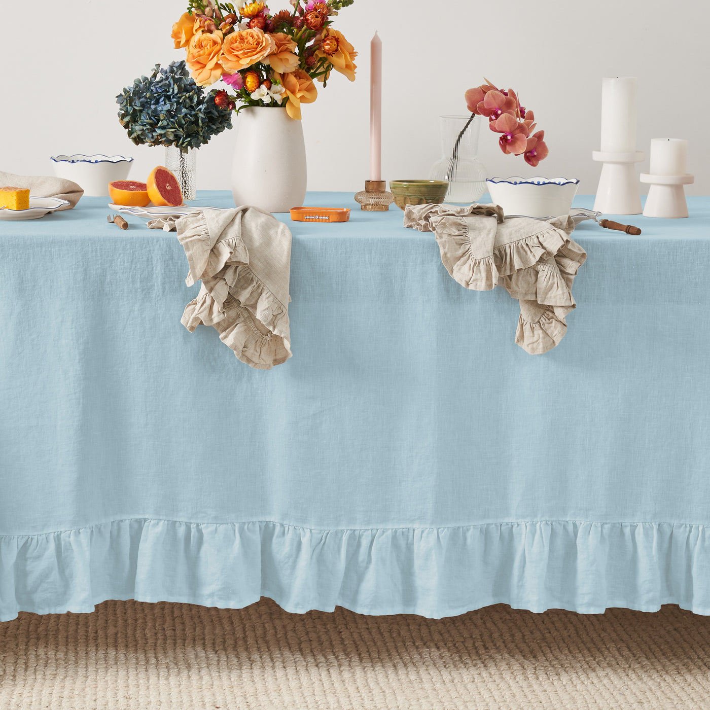 French Flax Linen Ruffles Table Cloth in Sky Blue