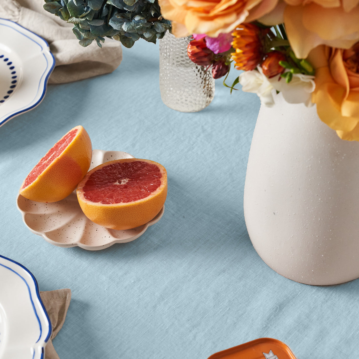 French Flax Linen Ruffles Table Cloth in Sky Blue