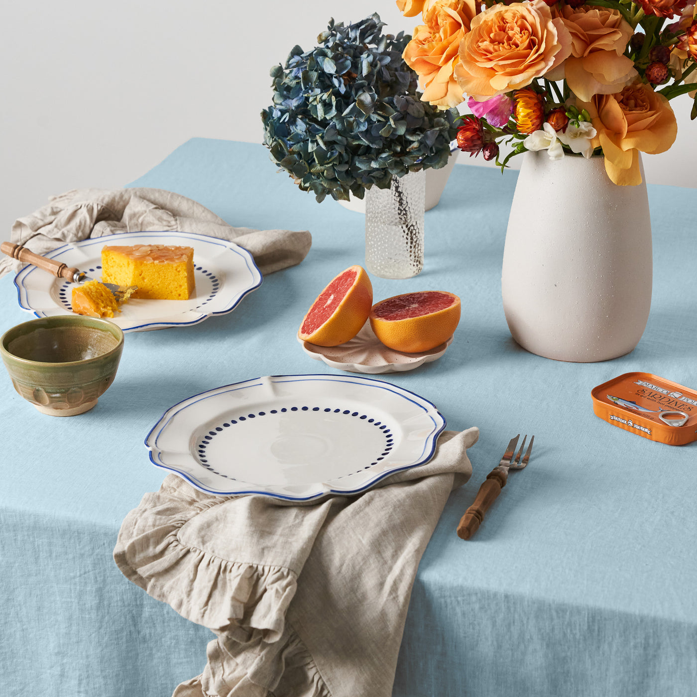 French Flax Linen Ruffles Table Cloth in Sky Blue