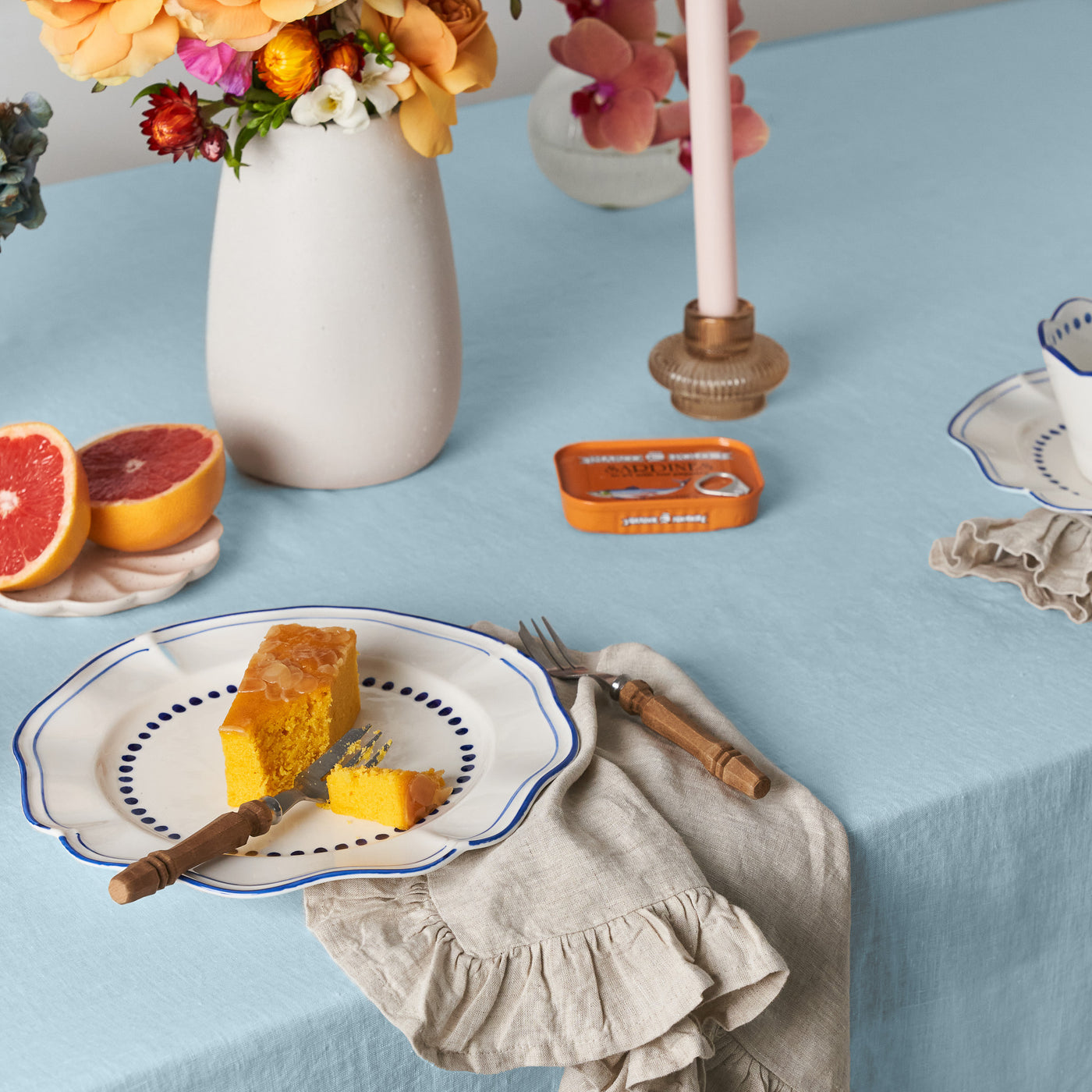 French Flax Linen Ruffles Table Cloth in Sky Blue