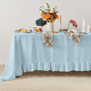 French Flax Linen Ruffles Table Cloth in Sky Blue