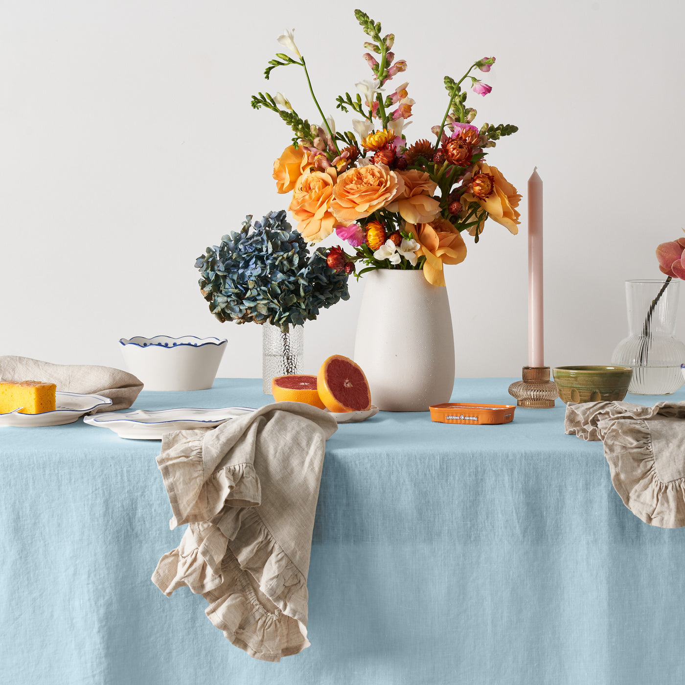 French Flax Linen Ruffles Table Cloth in Sky Blue