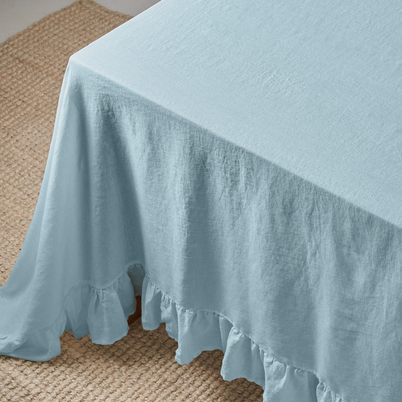 French Flax Linen Ruffles Table Cloth in Sky Blue