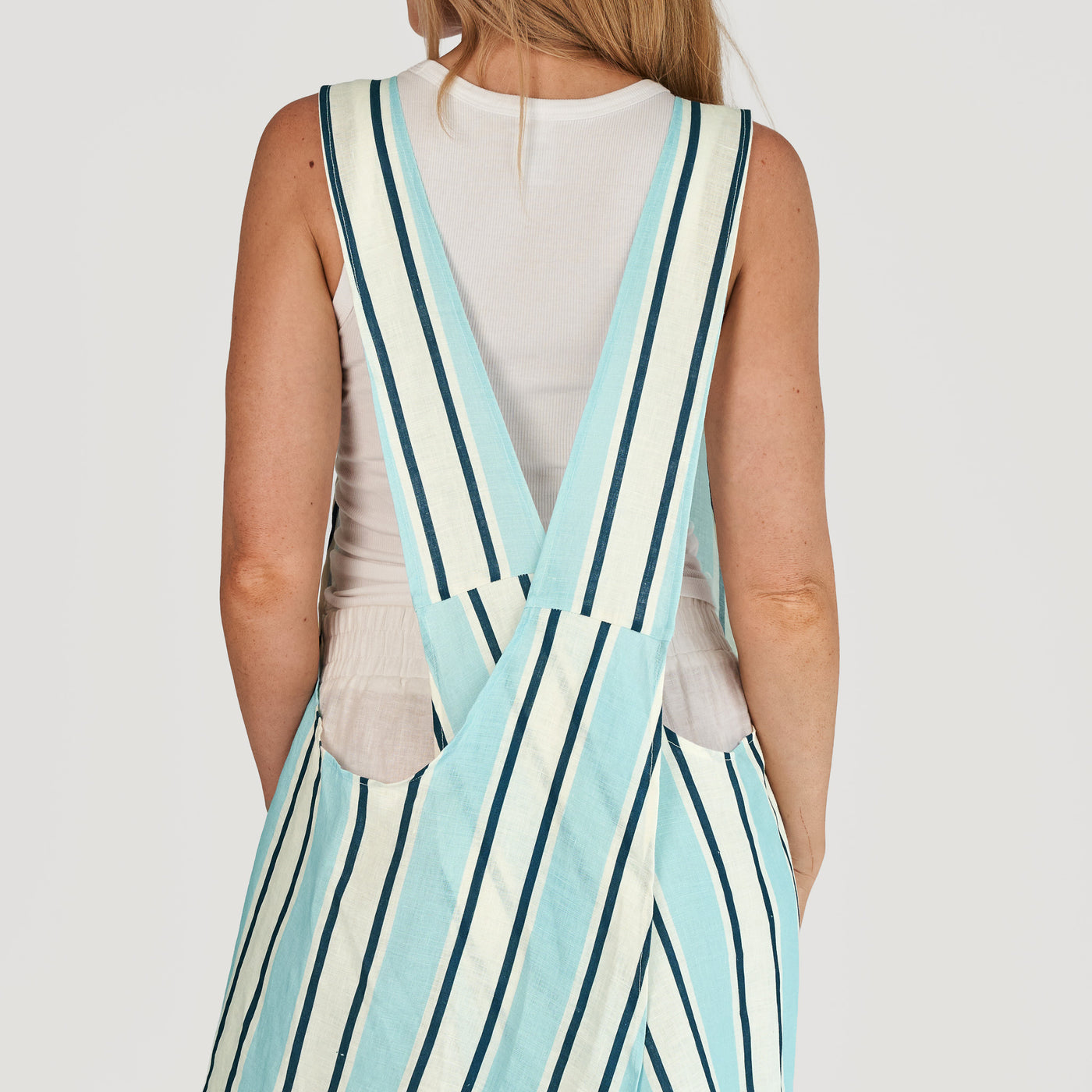 French Flax Linen Apron in Blue Stripe