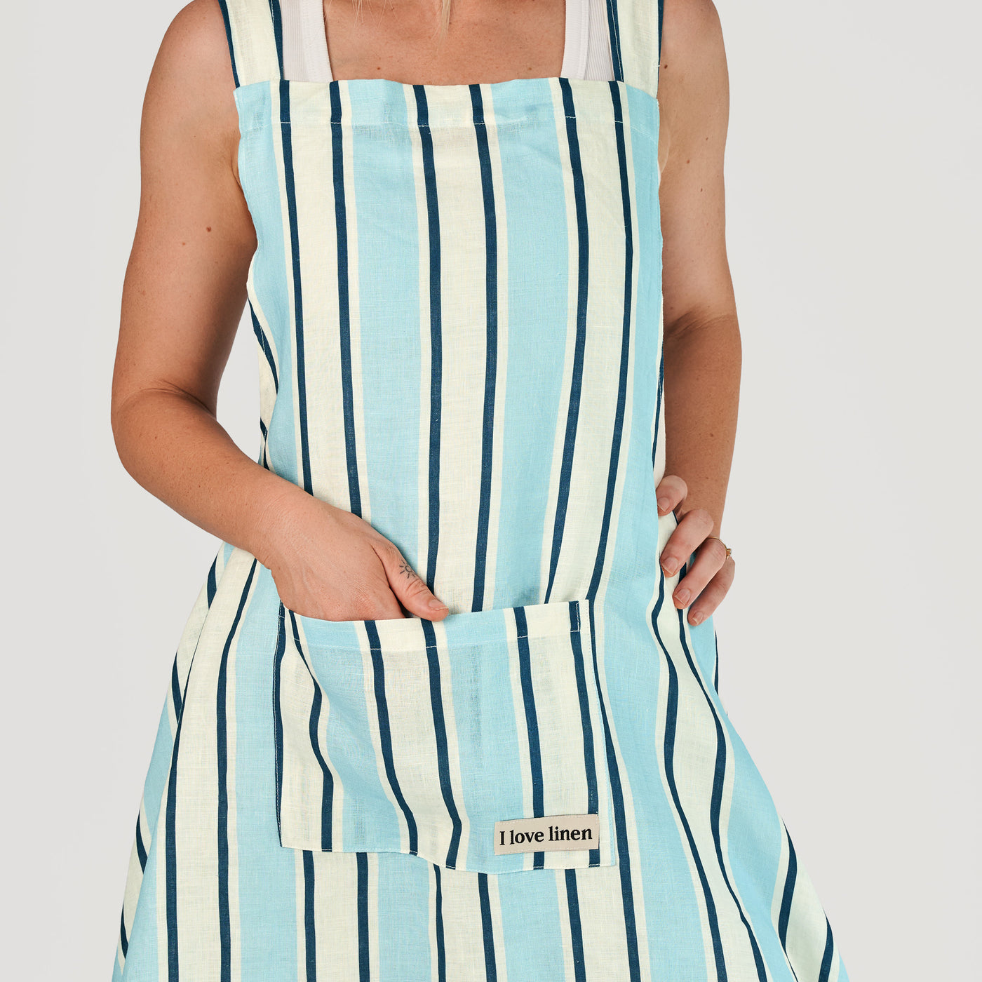 French Flax Linen Apron in Blue Stripe