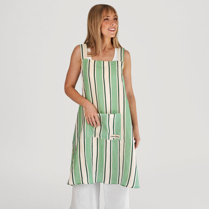 French Flax Linen Apron in Green Stripe