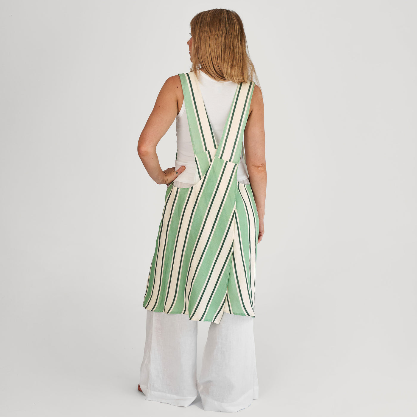 French Flax Linen Apron in Green Stripe