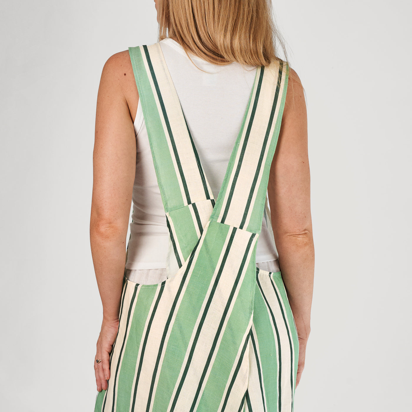 French Flax Linen Apron in Green Stripe