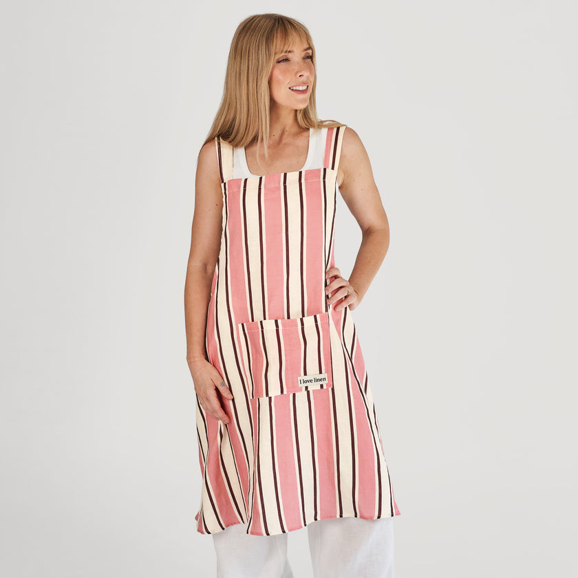 French Flax Linen Apron in Pink Stripe