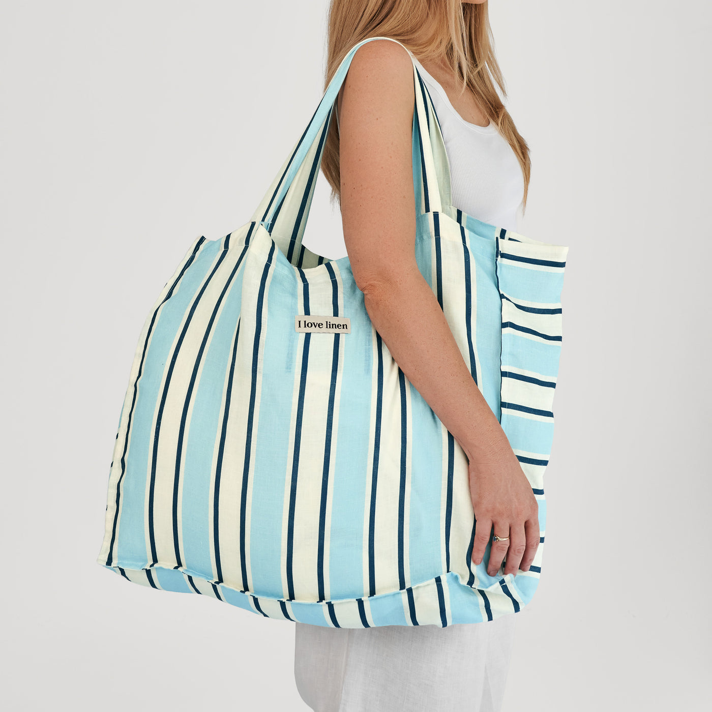 French Flax Linen Carry All Bag in Blue Stripe