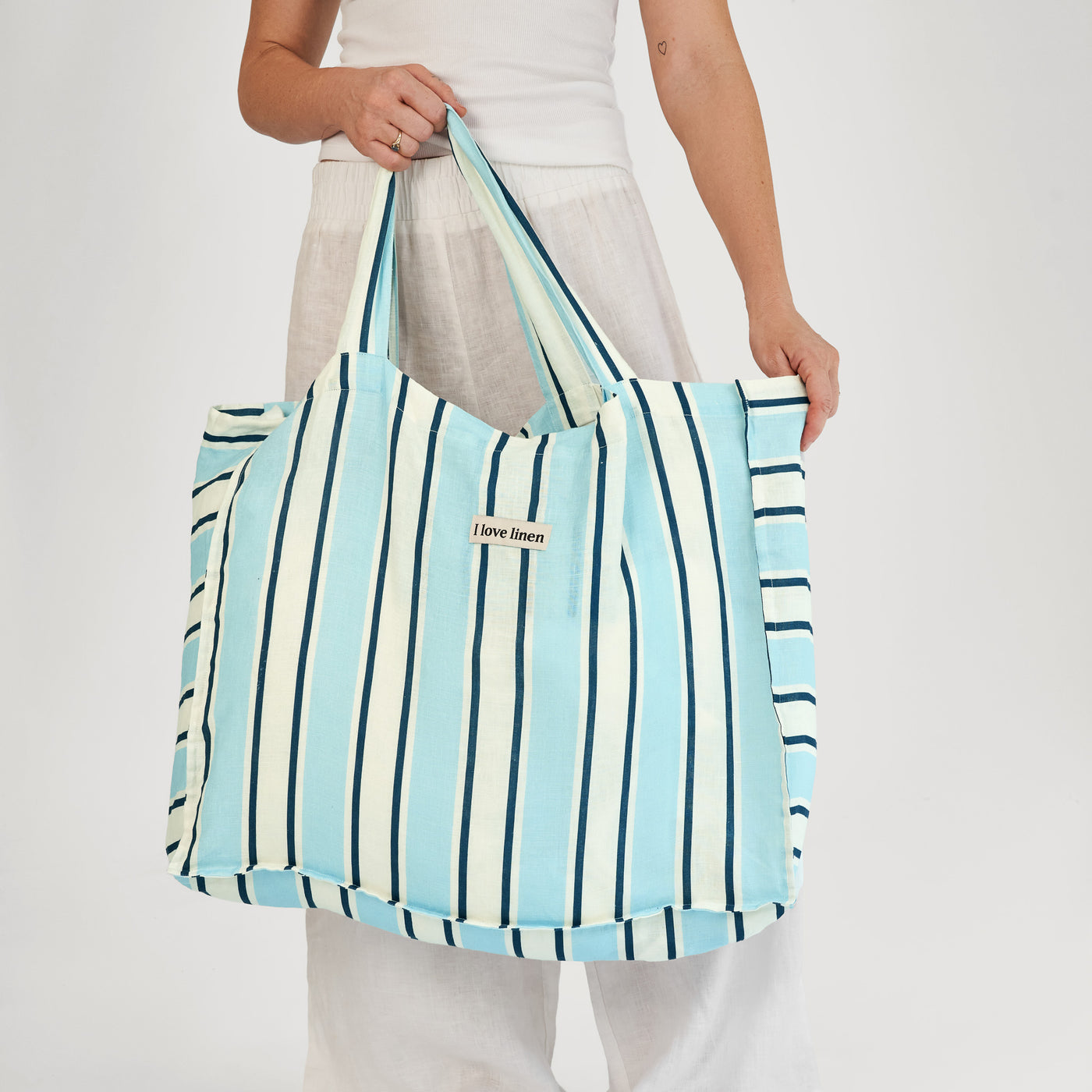 French Flax Linen Carry All Bag in Blue Stripe