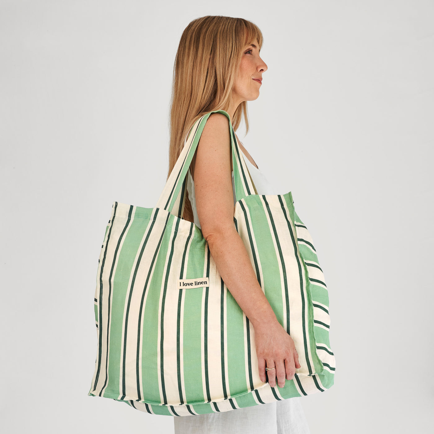 French Flax Linen Carry All Bag in Green Stripe