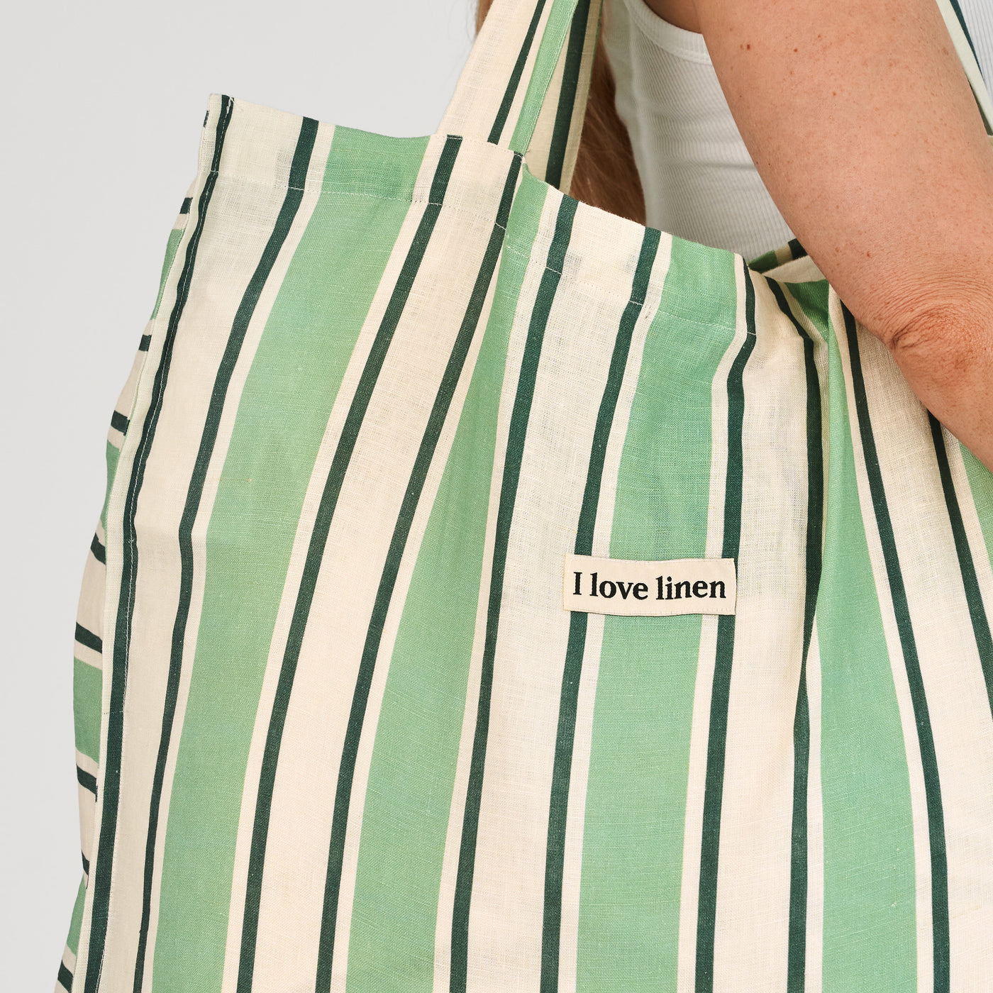 French Flax Linen Carry All Bag in Green Stripe