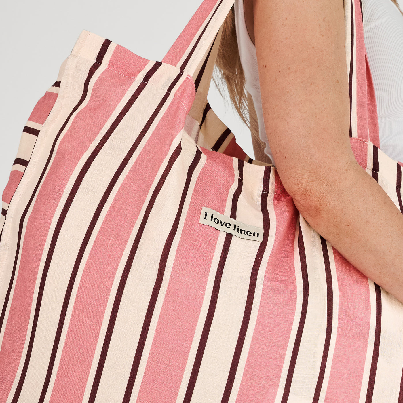 French Flax Linen Carry All Bag in Pink Stripe