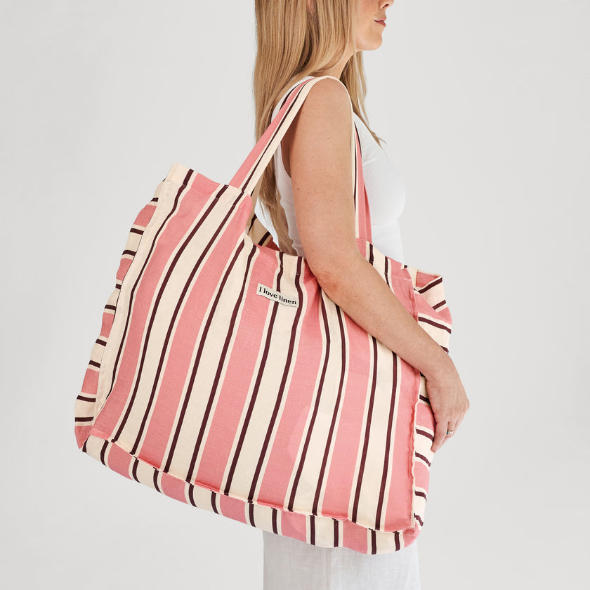 French Flax Linen Carry All Bag in Pink Stripe
