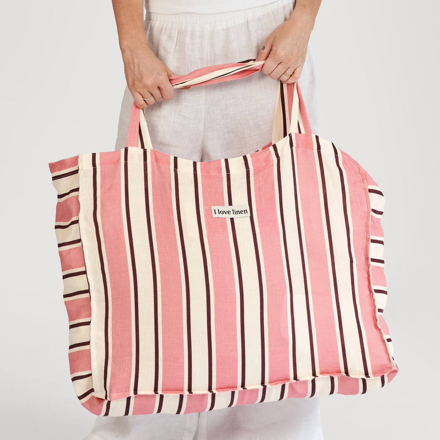 French Flax Linen Carry All Bag in Pink Stripe