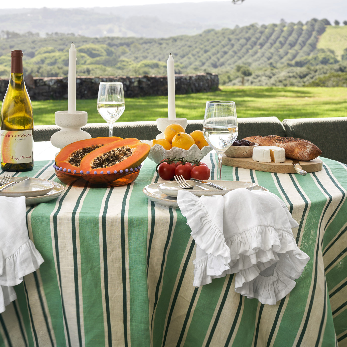 French Flax Linen Table Cloth in Green Stripe