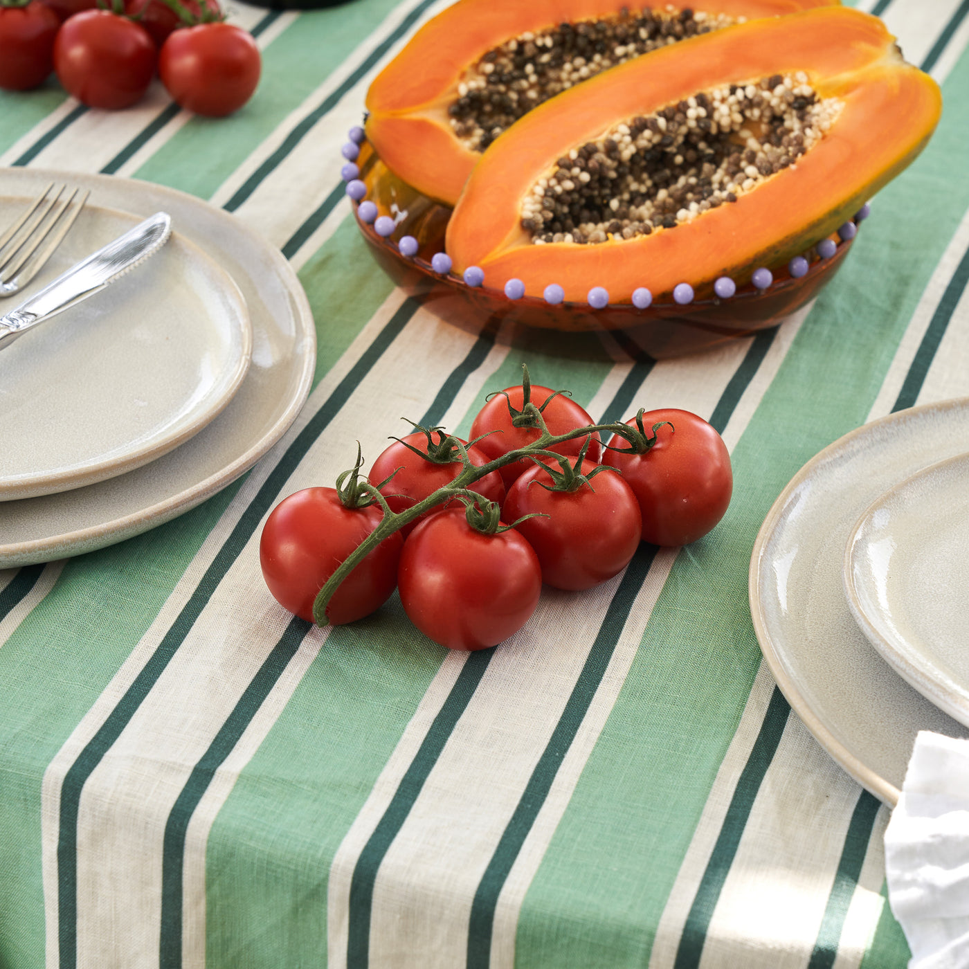 French Flax Linen Table Cloth in Green Stripe