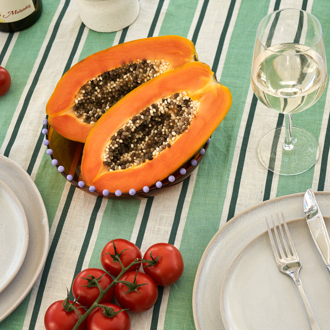 French Flax Linen Table Cloth in Green Stripe
