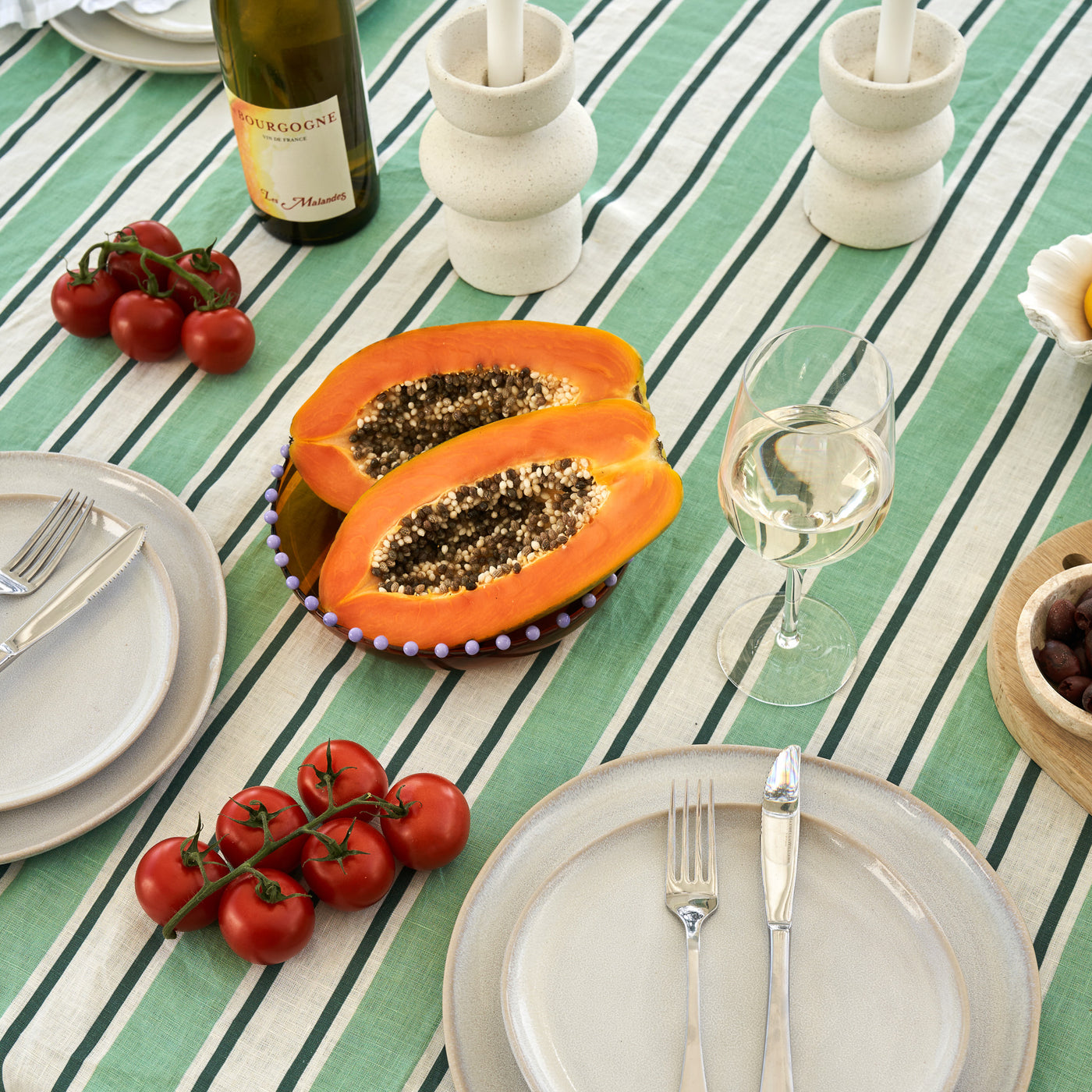French Flax Linen Table Cloth in Green Stripe
