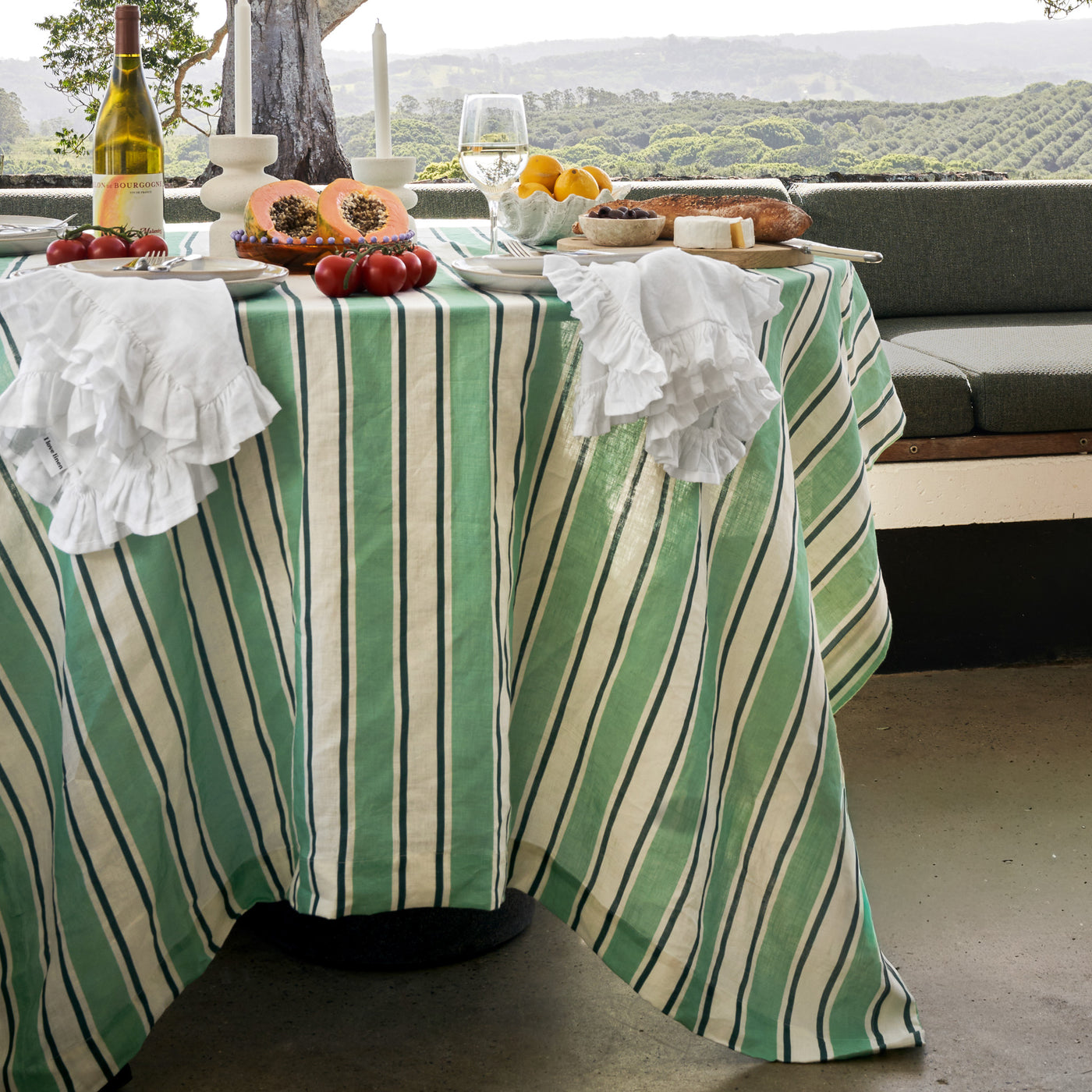 French Flax Linen Table Cloth in Green Stripe